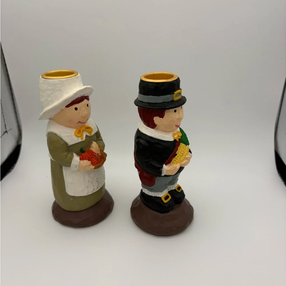 Vintage Resin Teleflora Thanksgiving Taper Candleholders • Pilgrim Couple - Picture 8 of 10